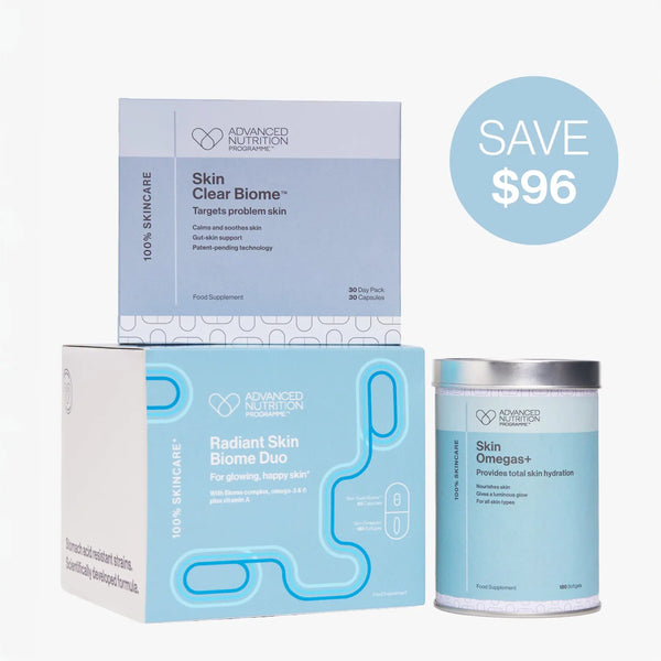 Advanced Nutrition Programme™ Radiant Skin Biome Duo with Skin Clear Biome™ and Skin Omegas+, featuring a Save $96 offer.
