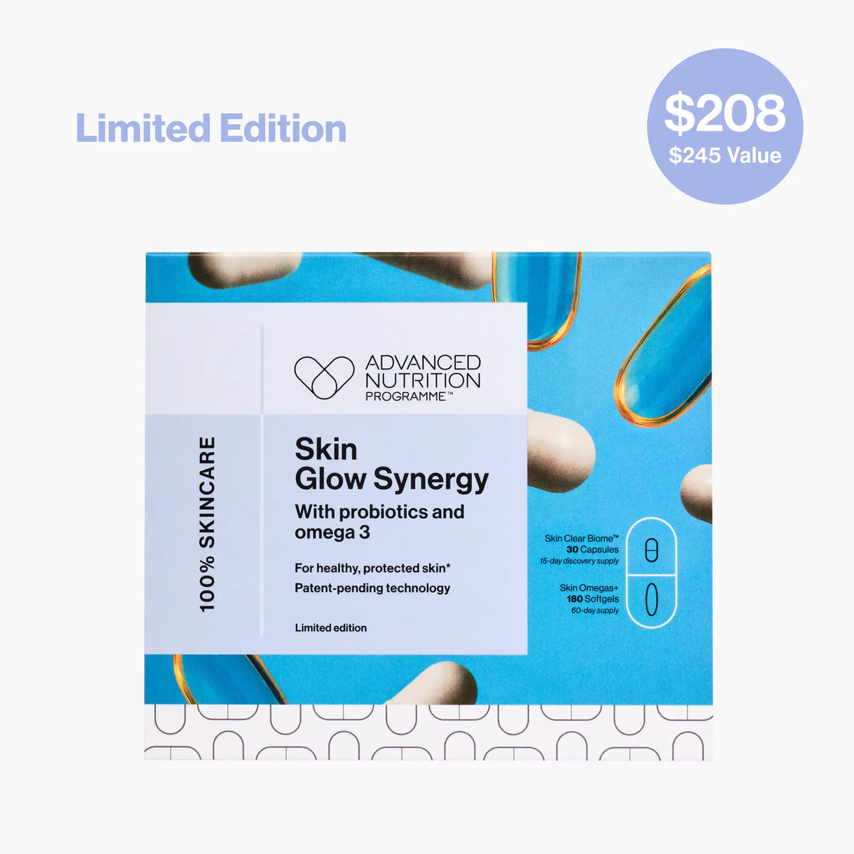 Advanced Nutrition Programme Skin Glow Synergy packaging with a blue and white design.