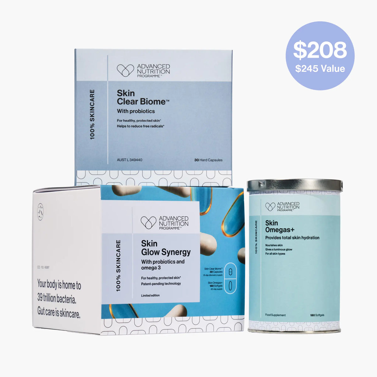Advanced Nutrition skincare products including a box, can, and packaging on a white background.