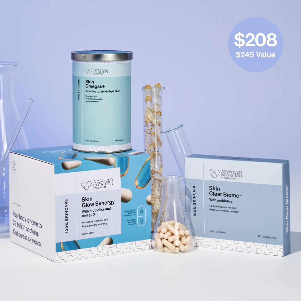 Collection of skincare products with packaging and a blue background