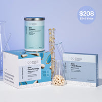Collection of skincare products with packaging and a blue background